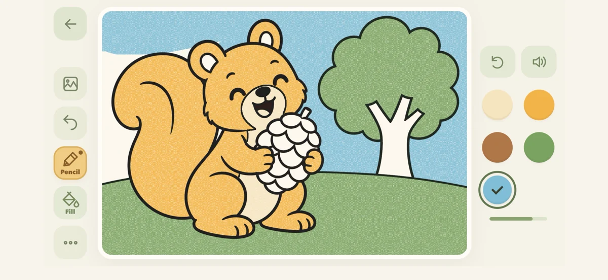 Paper-textured pencil coloring in Little World, with a squirrel holding a pine cone